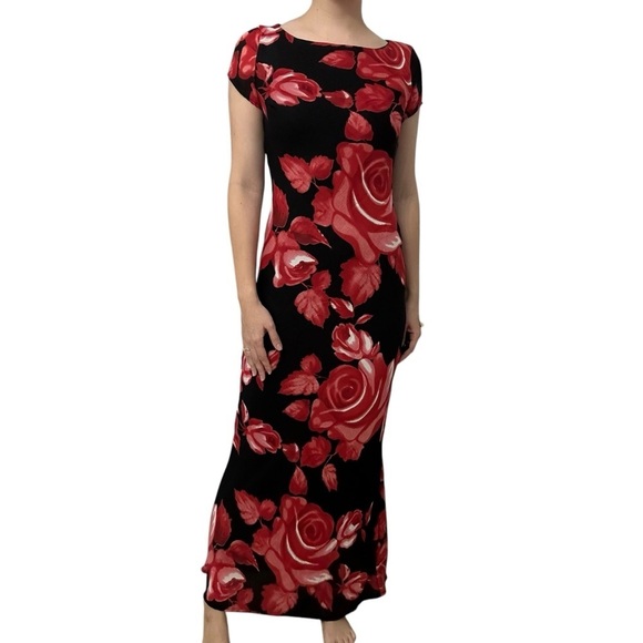 Vintage Maxi Dress Floral Print Whimsigoth Black Red Long Fairy Size 9 Small - Picture 1 of 7